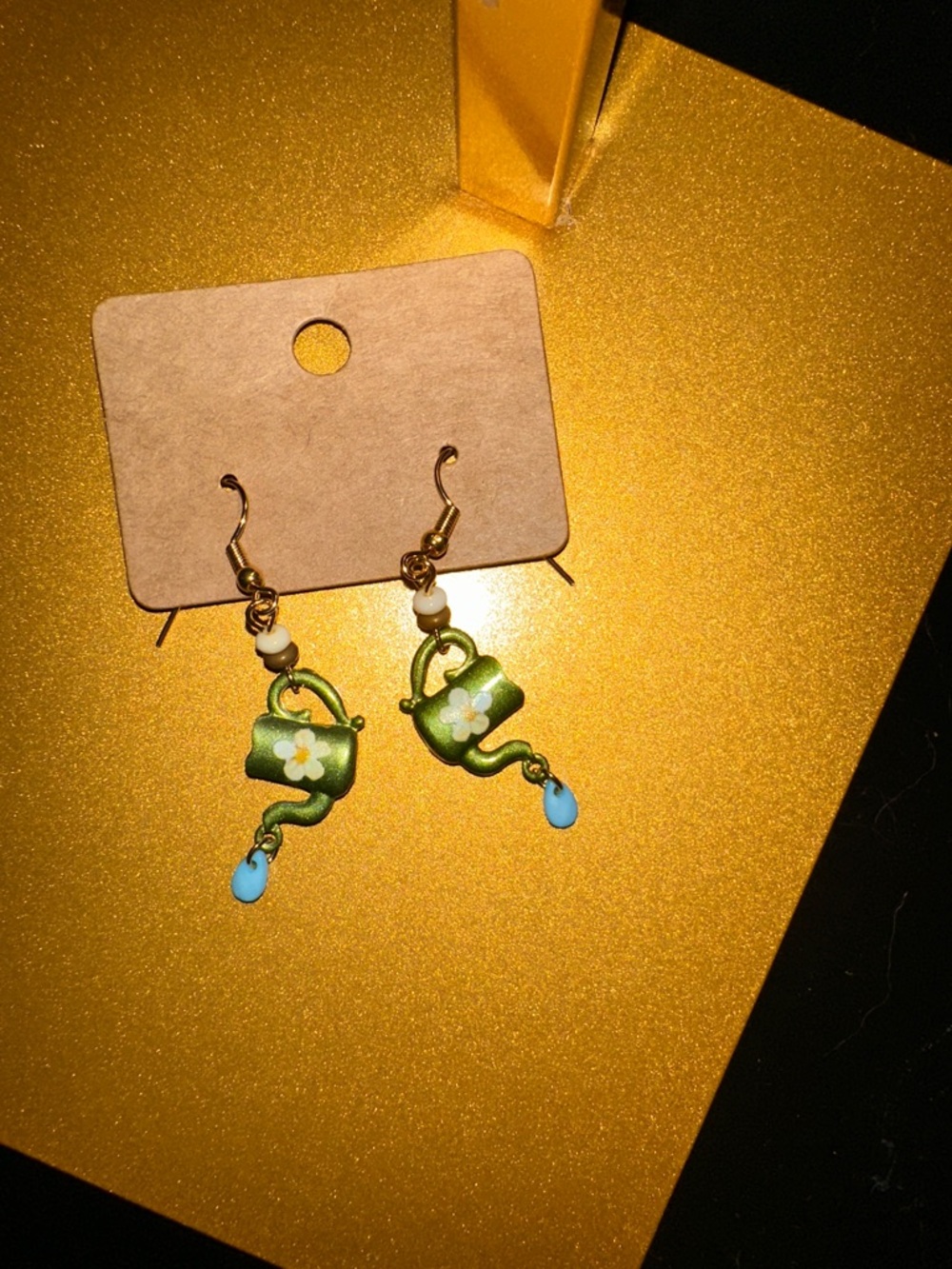 Handcrafted Green Teapot Dangle Earrings with Blue Droplet